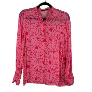 Luisa Cerano Floral Sheer Long Sleeve Smocked Cuff Button Up Blouse Size 12 Pink